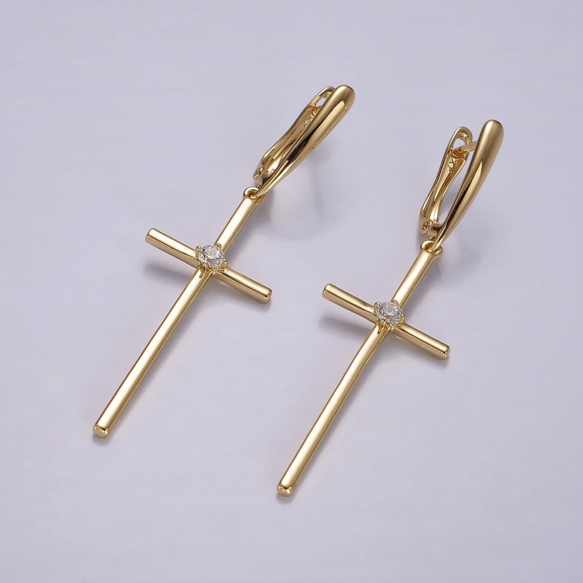 14K Gold Filled Clear CZ Latin Cross Drop English Lock Hoop Earrings | AE402 - DLUXCA