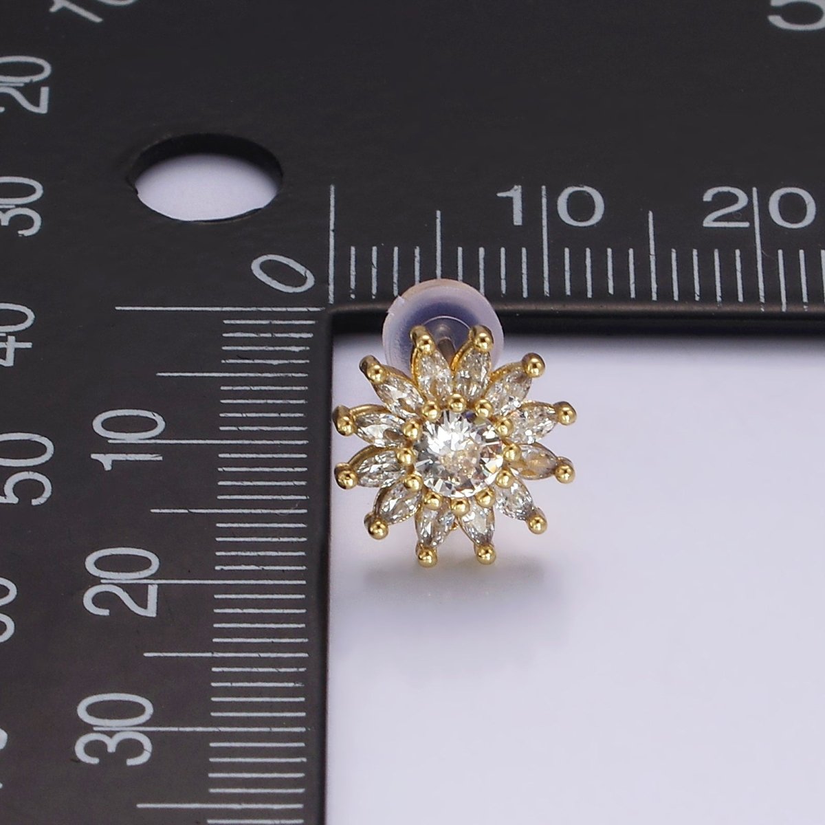 14K Gold Filled Clear CZ Marquise Petal Flower Celestial Sun Stud Earrings | AE887 - DLUXCA