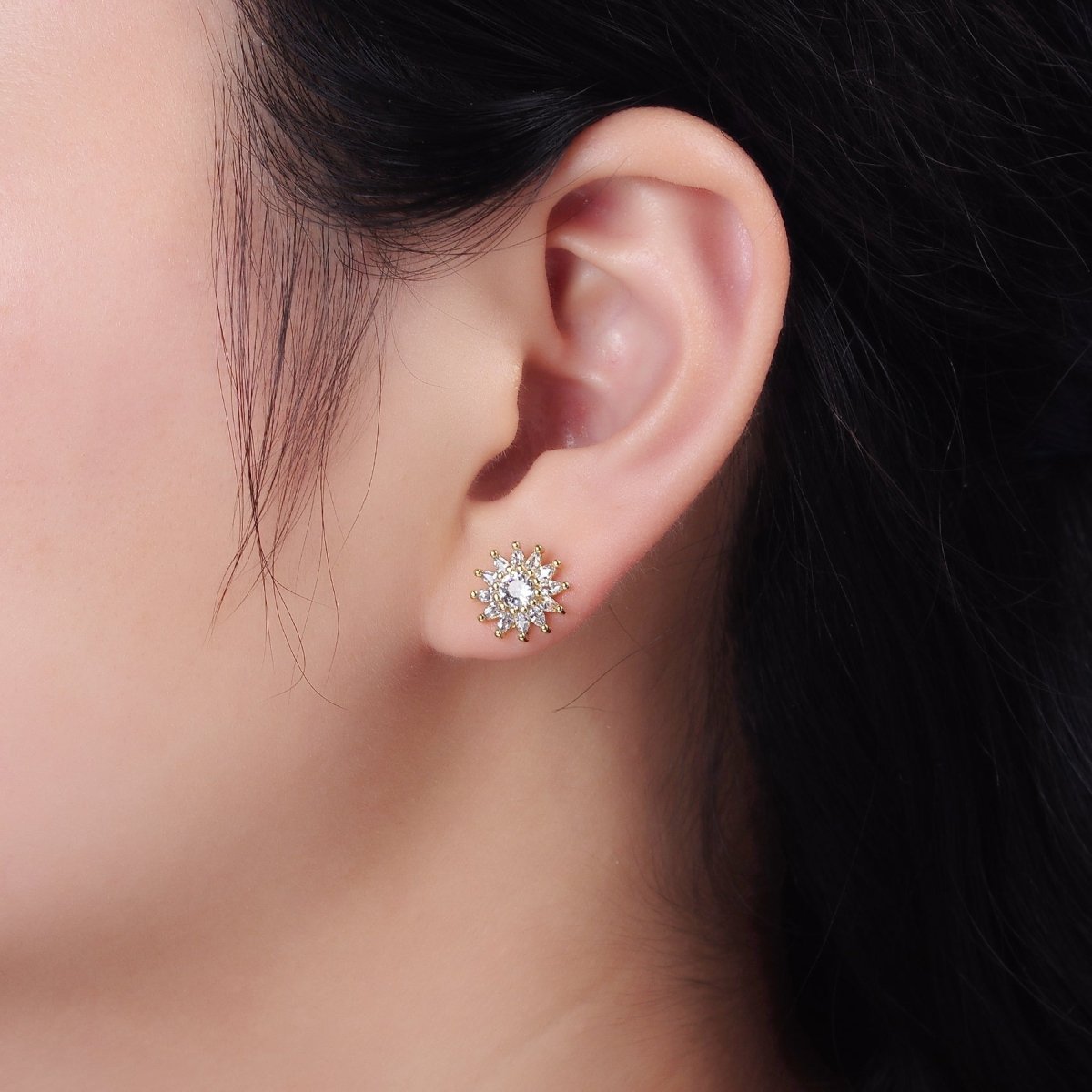 14K Gold Filled Clear CZ Marquise Petal Flower Celestial Sun Stud Earrings | AE887 - DLUXCA