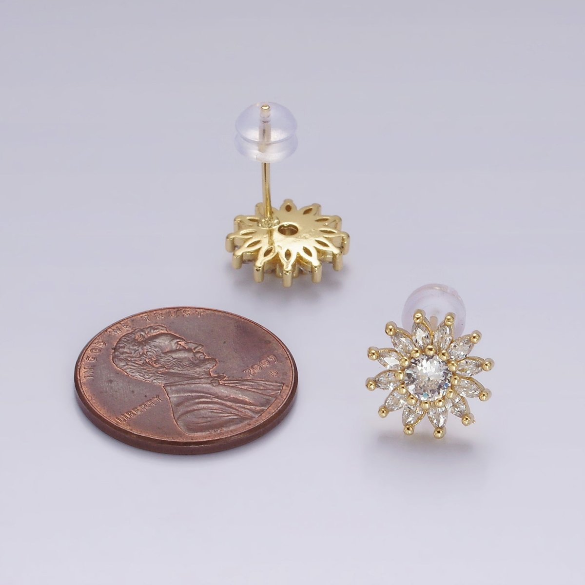 14K Gold Filled Clear CZ Marquise Petal Flower Celestial Sun Stud Earrings | AE887 - DLUXCA