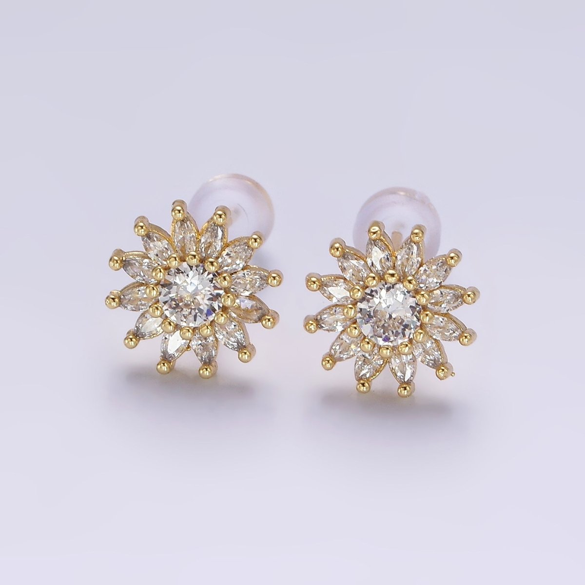 14K Gold Filled Clear CZ Marquise Petal Flower Celestial Sun Stud Earrings | AE887 - DLUXCA