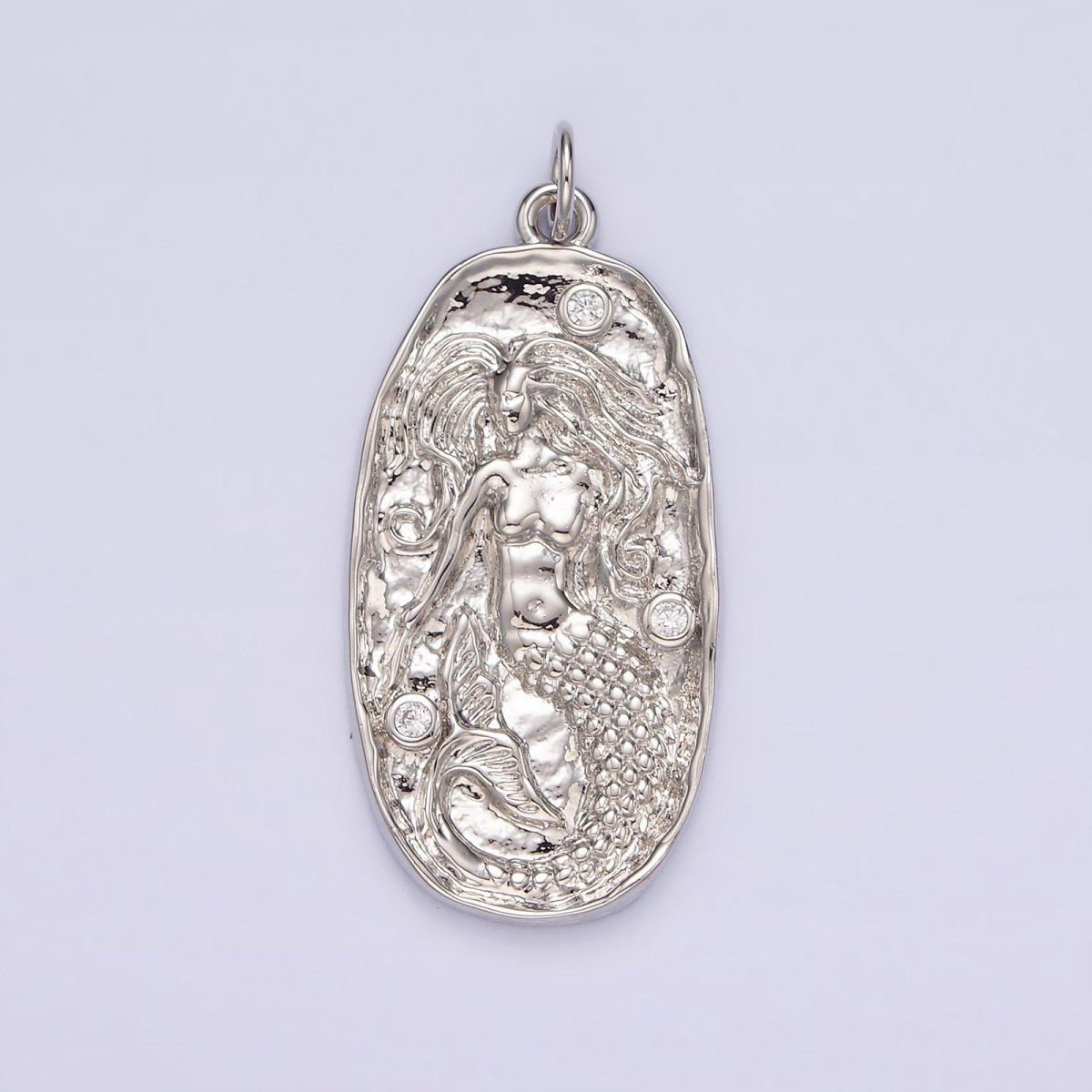 14K Gold Filled Clear CZ Mermaid Hammered Oval Charm in Gold & Silver | N1106 N1107 - DLUXCA