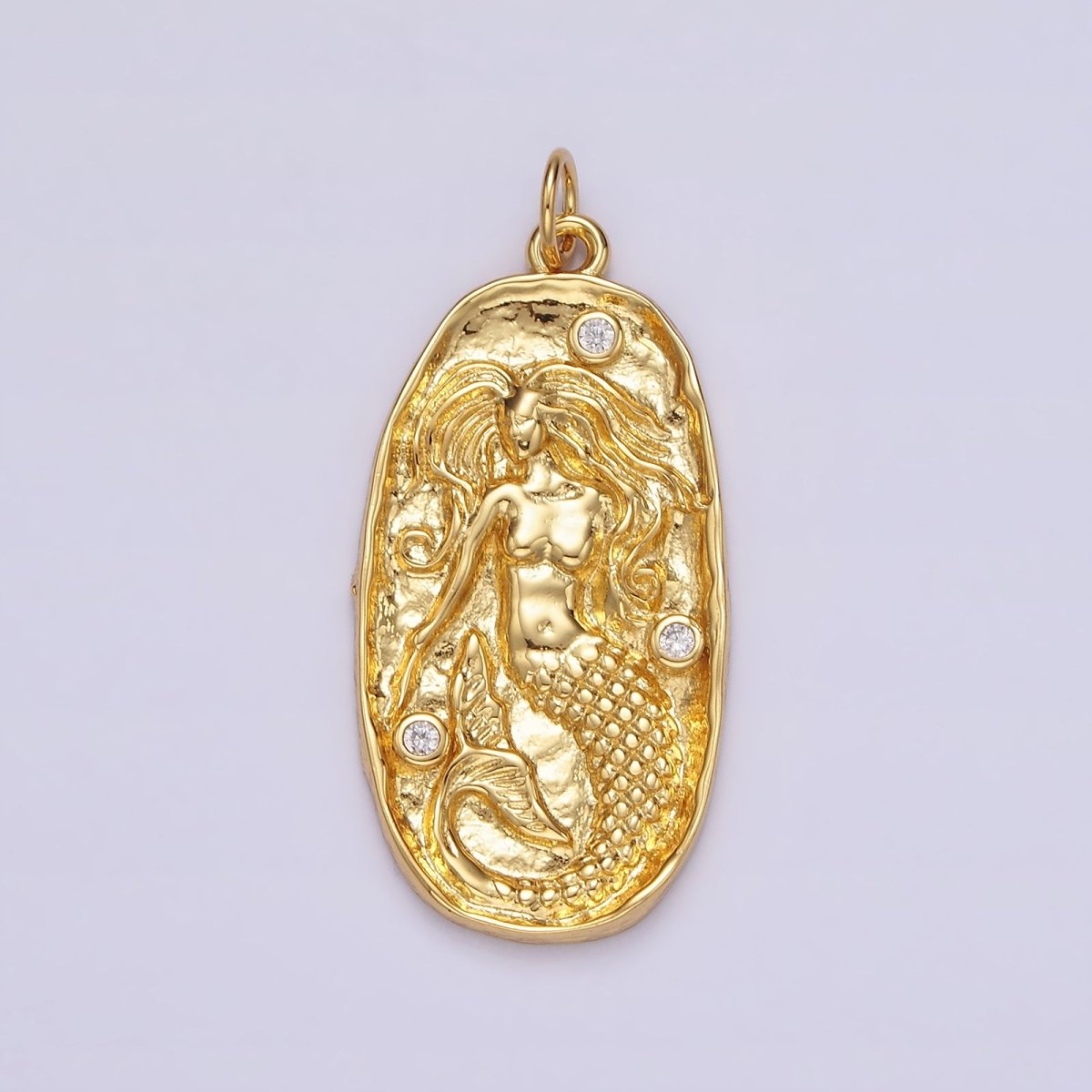 14K Gold Filled Clear CZ Mermaid Hammered Oval Charm in Gold & Silver | N1106 N1107 - DLUXCA