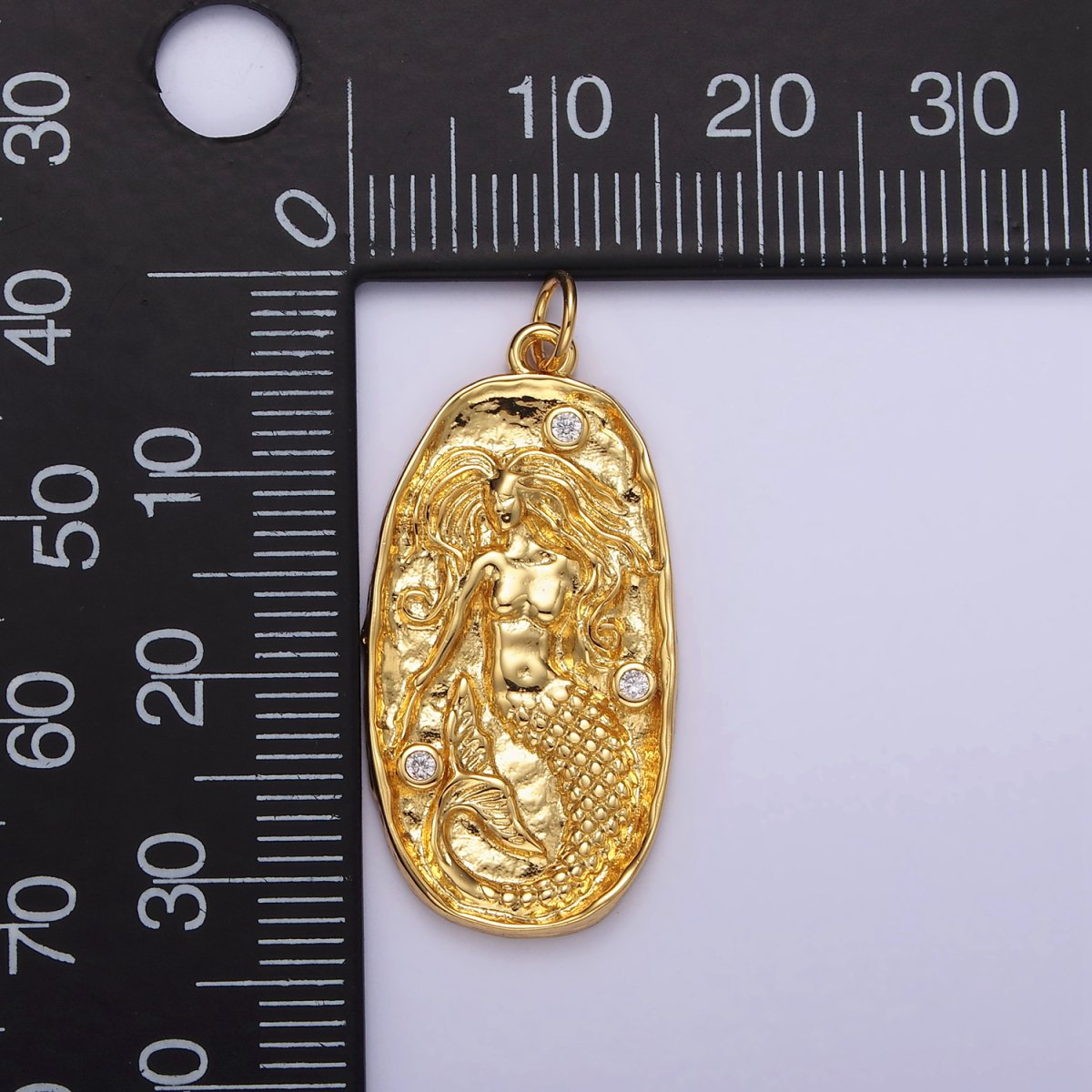 14K Gold Filled Clear CZ Mermaid Hammered Oval Charm in Gold & Silver | N1106 N1107 - DLUXCA