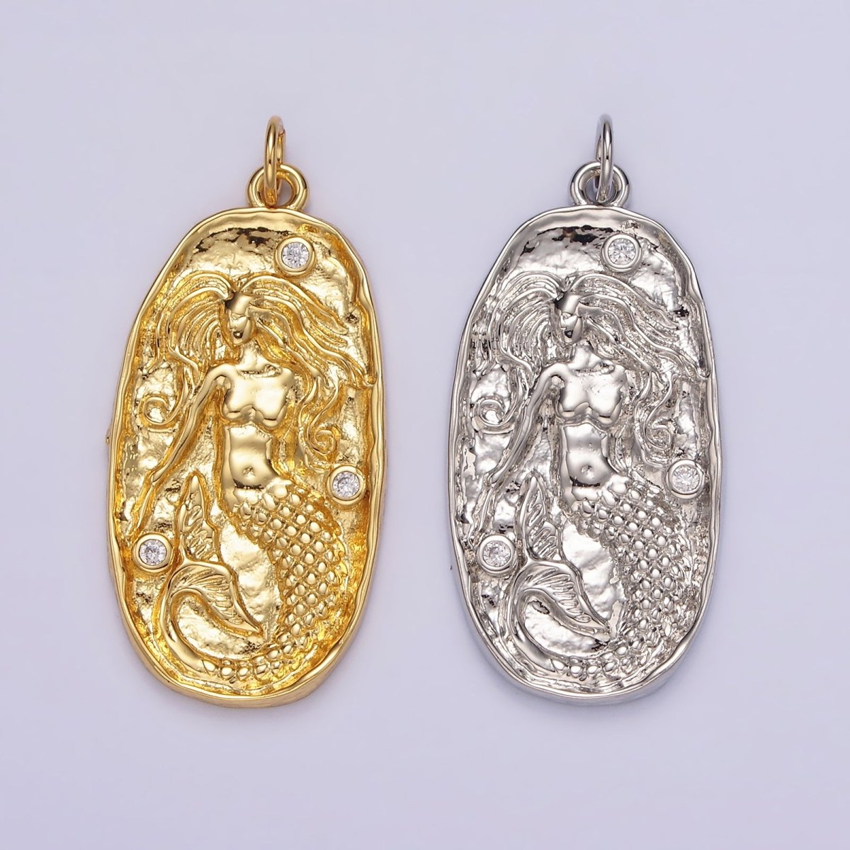 14K Gold Filled Clear CZ Mermaid Hammered Oval Charm in Gold & Silver | N1106 N1107 - DLUXCA