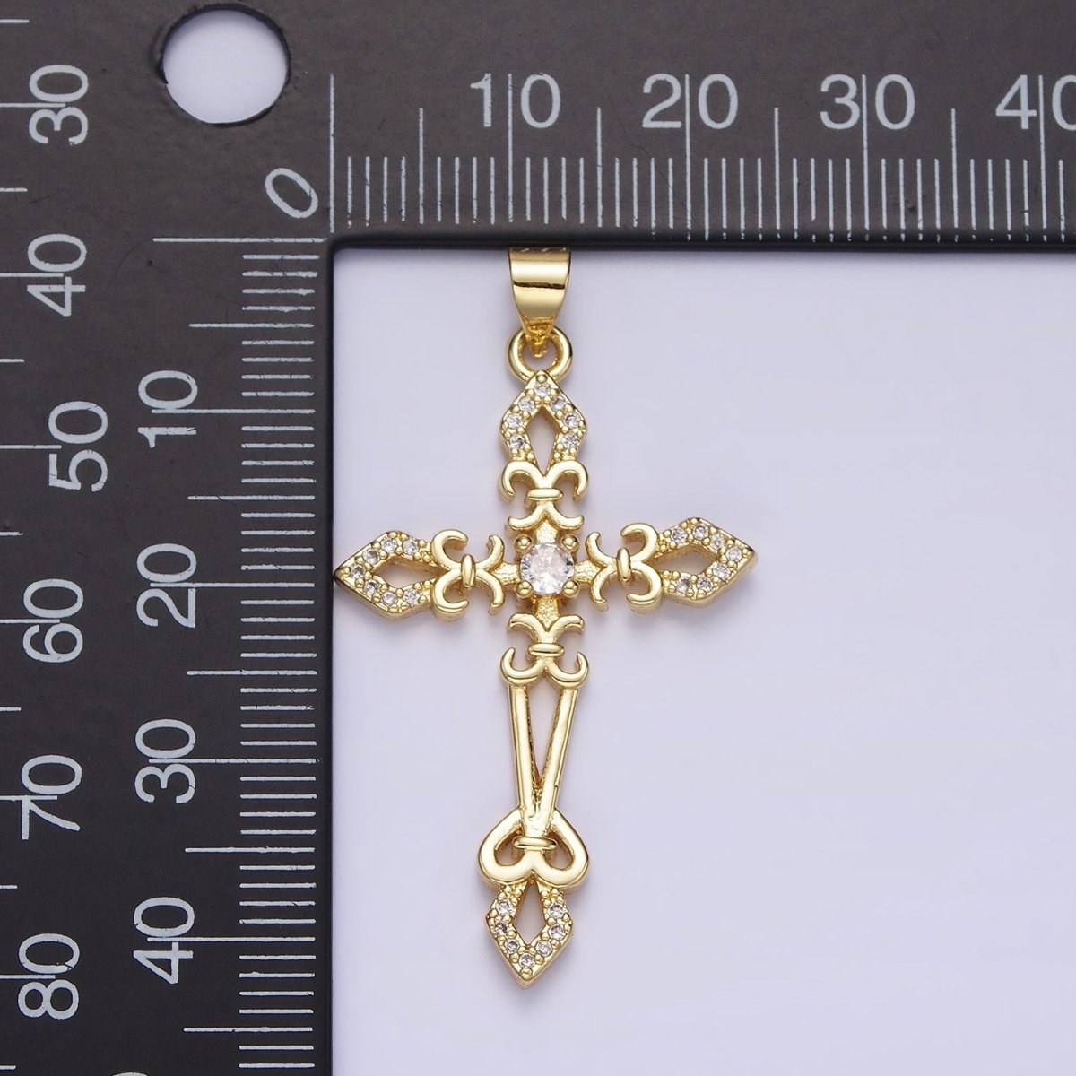 14K Gold Filled Clear CZ Micro Paved Fleur De Lis Open Passion Cross Artisan Pendant | AA638 - DLUXCA