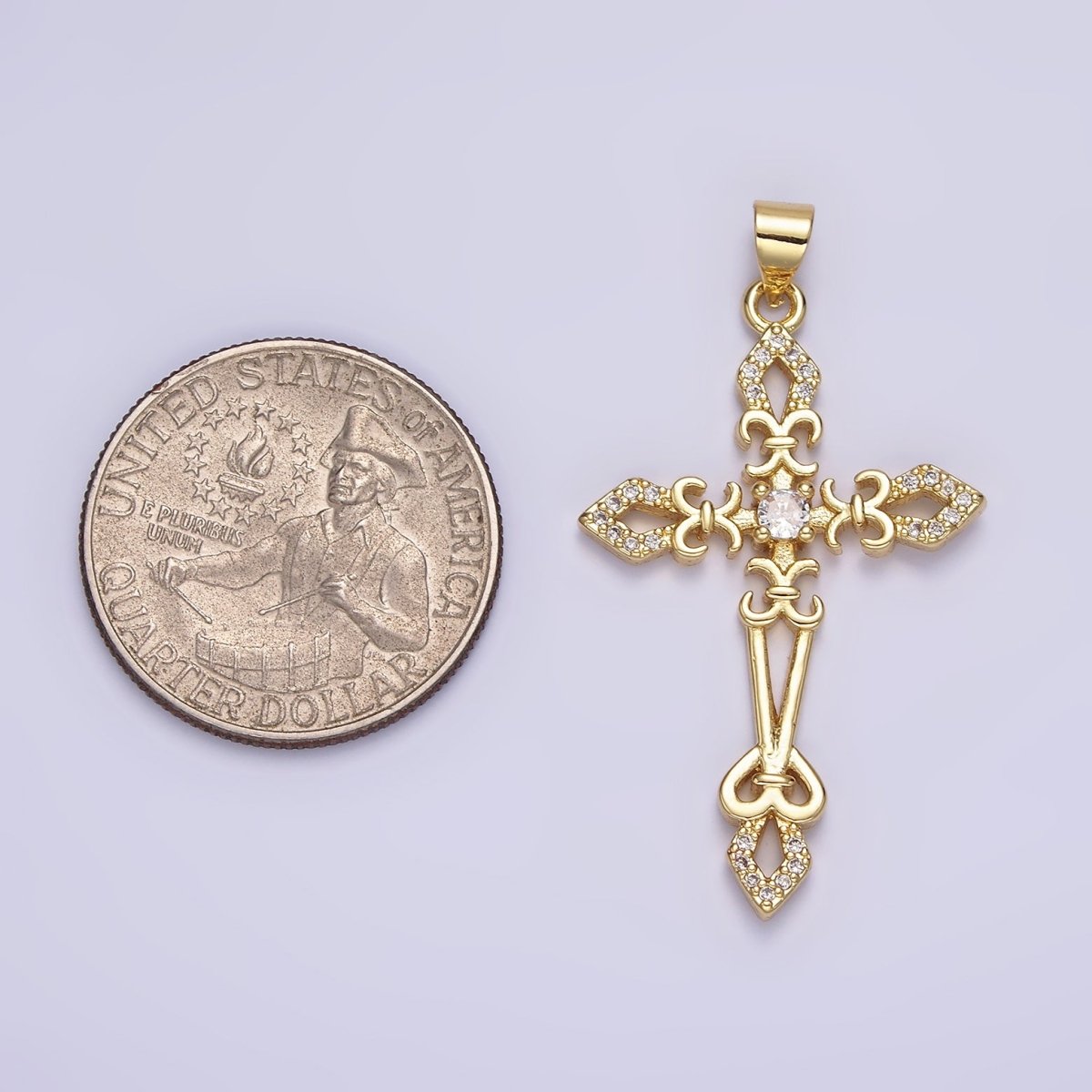 14K Gold Filled Clear CZ Micro Paved Fleur De Lis Open Passion Cross Artisan Pendant | AA638 - DLUXCA