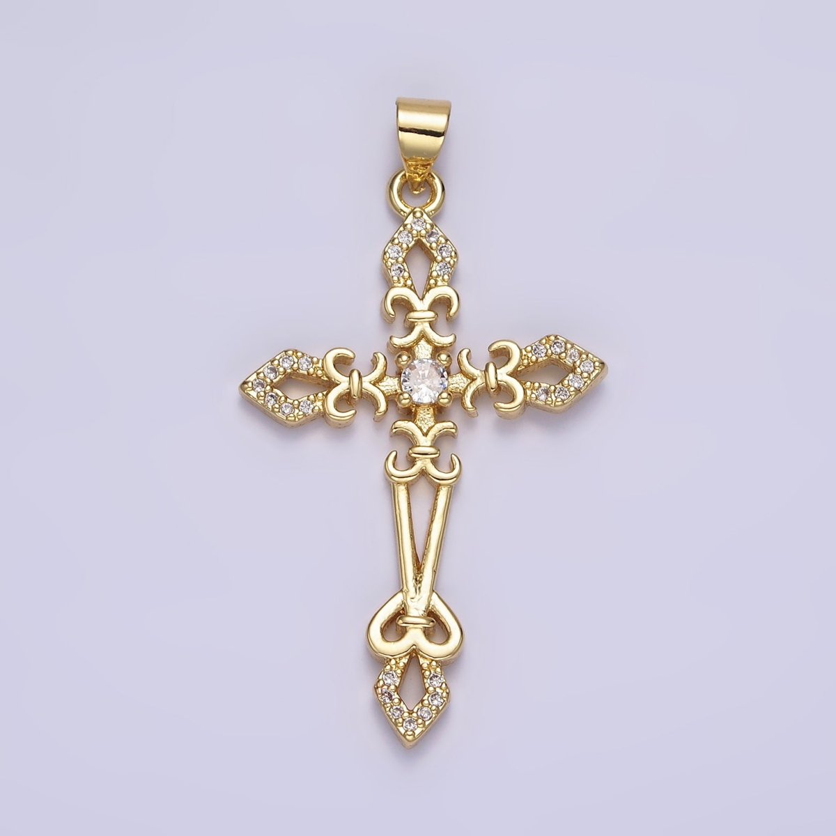14K Gold Filled Clear CZ Micro Paved Fleur De Lis Open Passion Cross Artisan Pendant | AA638 - DLUXCA