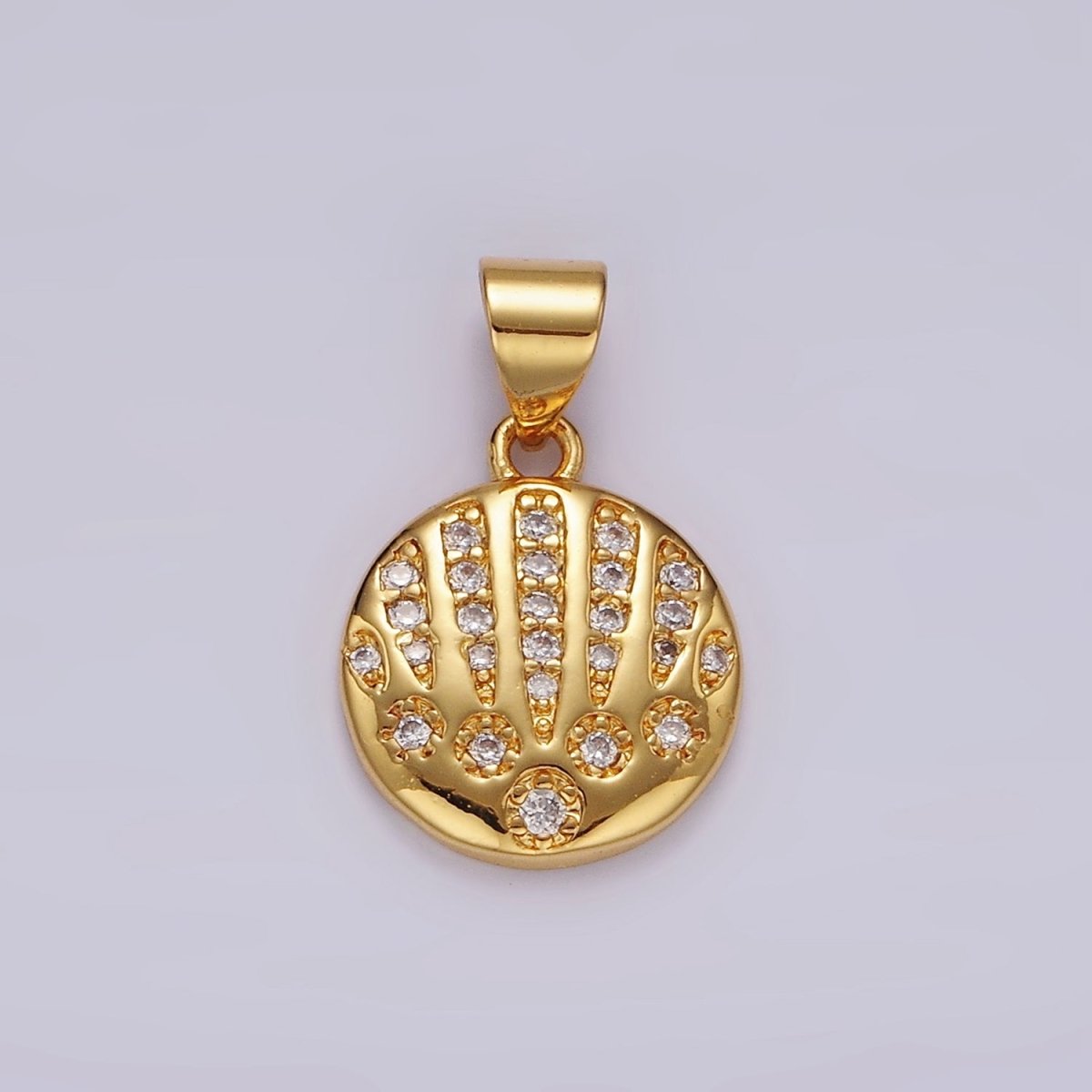 14K Gold Filled Clear CZ Micro Paved Ocean Clam Sea Shell Round Pendant In Gold & Silver | N1974 - DLUXCA