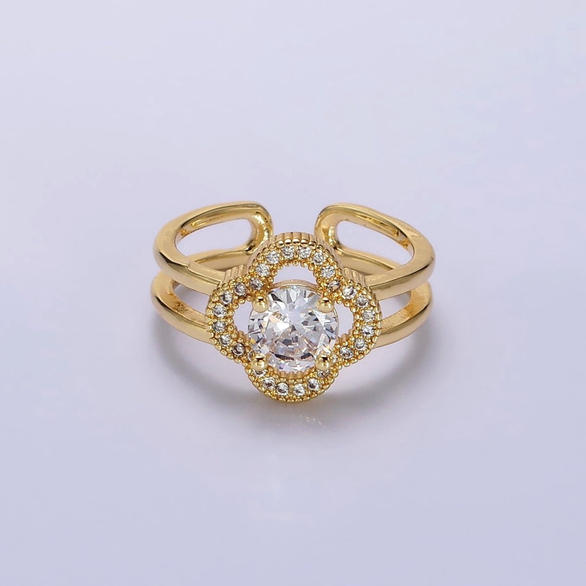 14K Gold Filled Clear CZ Micro Paved Quatrefoil Clover Double Band Ring | O-599 - DLUXCA