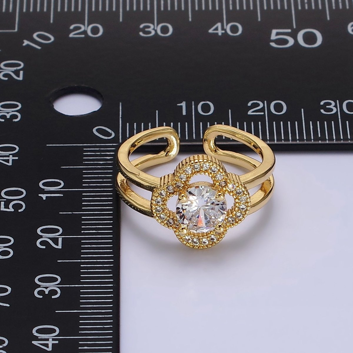 14K Gold Filled Clear CZ Micro Paved Quatrefoil Clover Double Band Ring | O-599 - DLUXCA