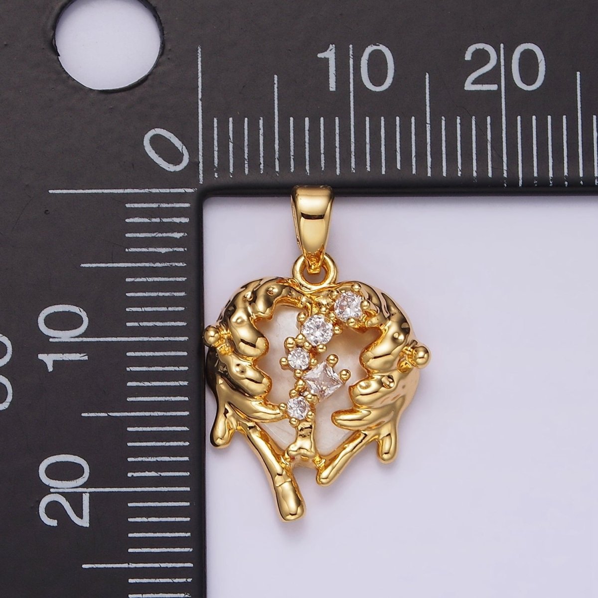 14K Gold Filled Clear CZ Molten Drip Shell Pearl Heart Pendant in Gold & Silver | N1793 N1794 - DLUXCA