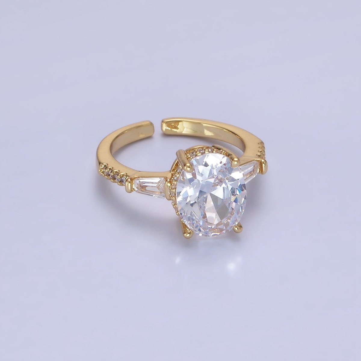 14K Gold Filled Clear CZ Oval Baguette Micro Paved Solitaire Ring | O1326 - DLUXCA