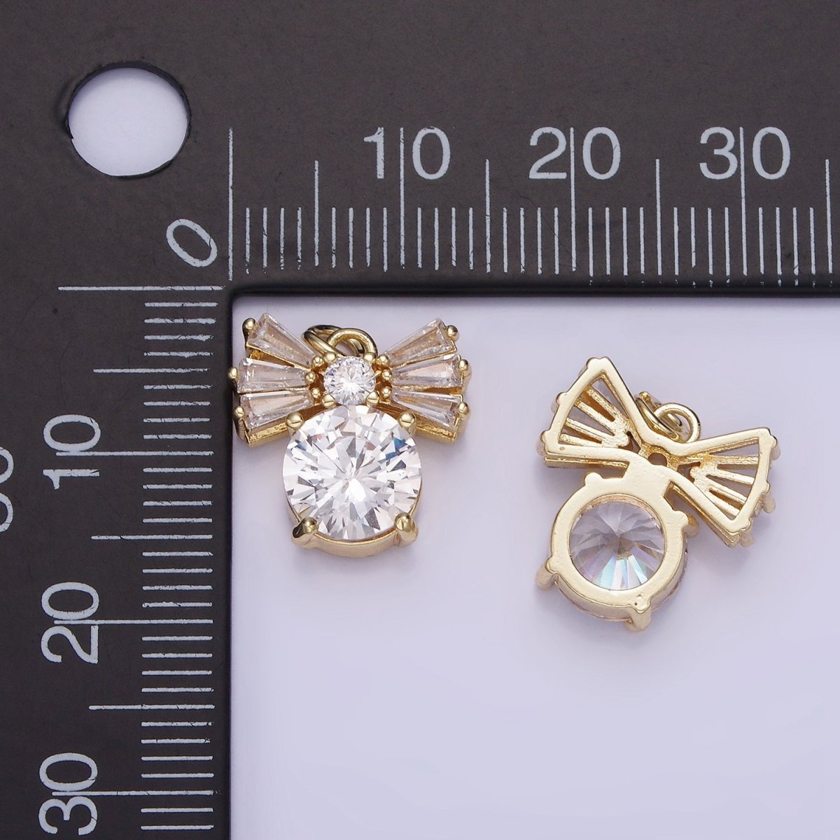 14K Gold Filled Clear CZ Round Baguette Ribbon Bow Charm | AG729 - DLUXCA
