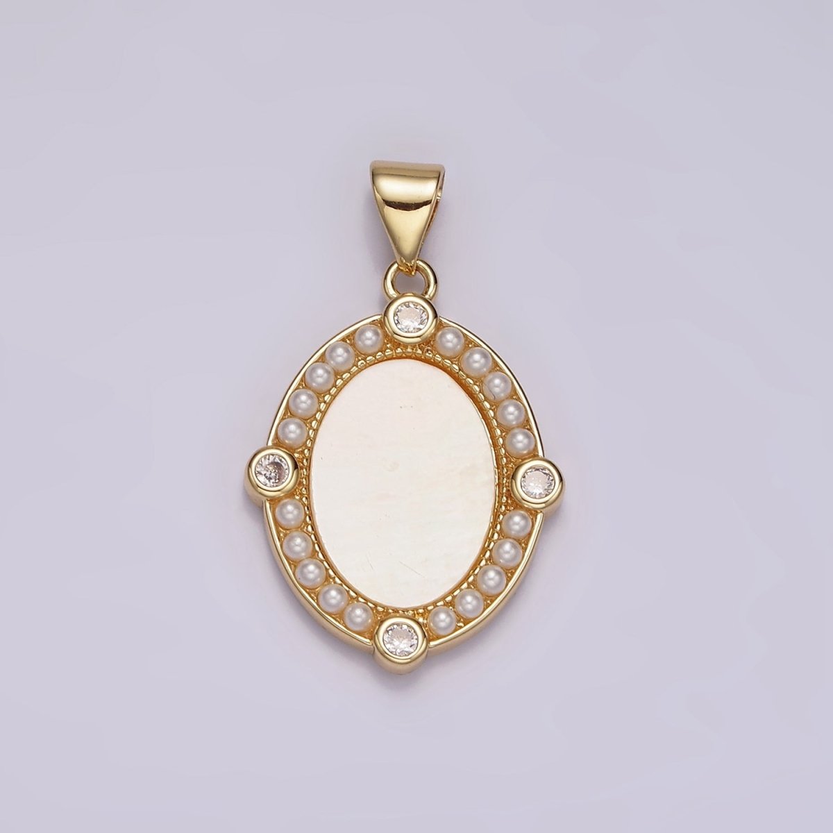 14K Gold Filled Clear CZ Shell Pearl Lined Oval Pendant | N2026 - DLUXCA