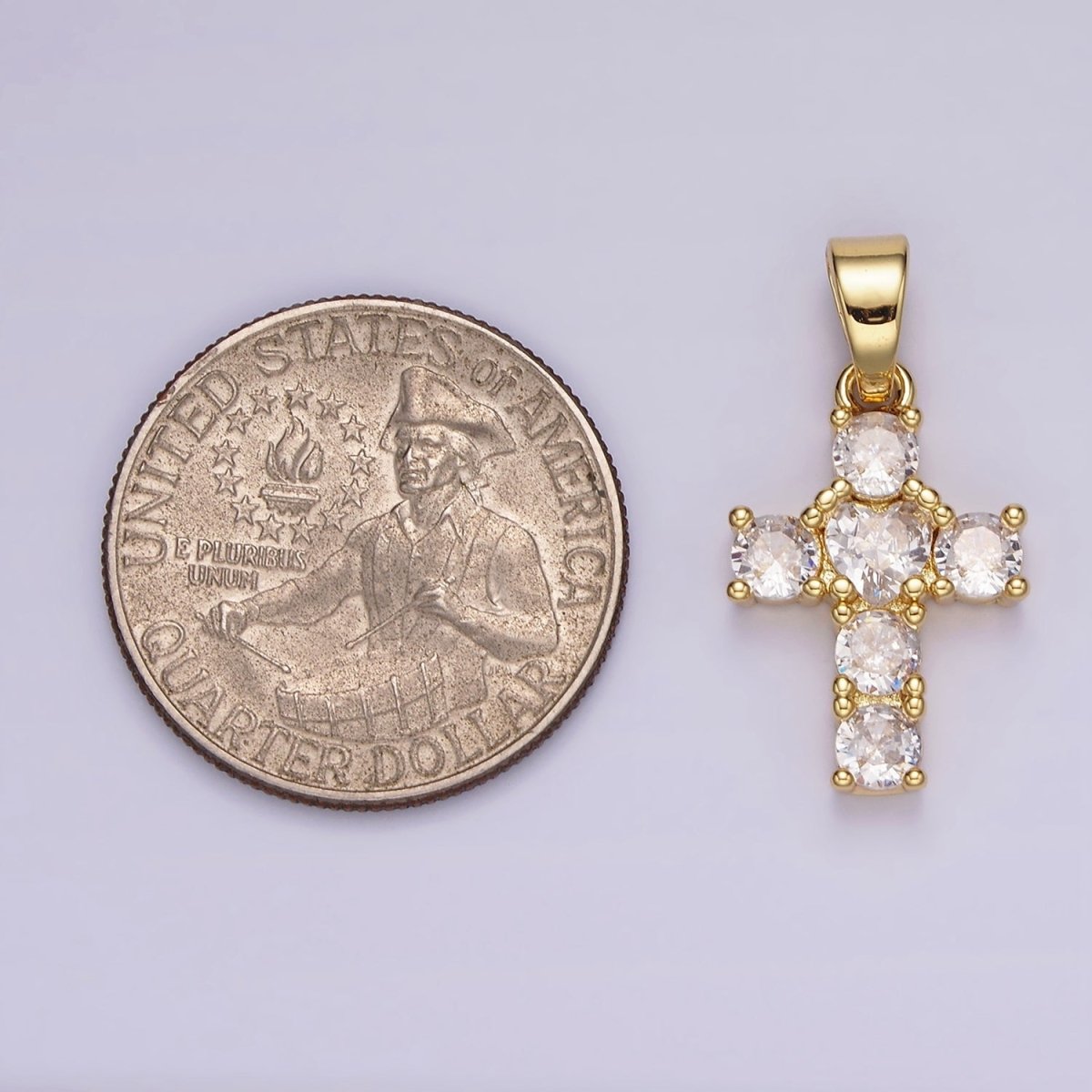 14K Gold Filled Clear CZ Square Lined 27mm Beaded Cross Pendant | N1286 - DLUXCA