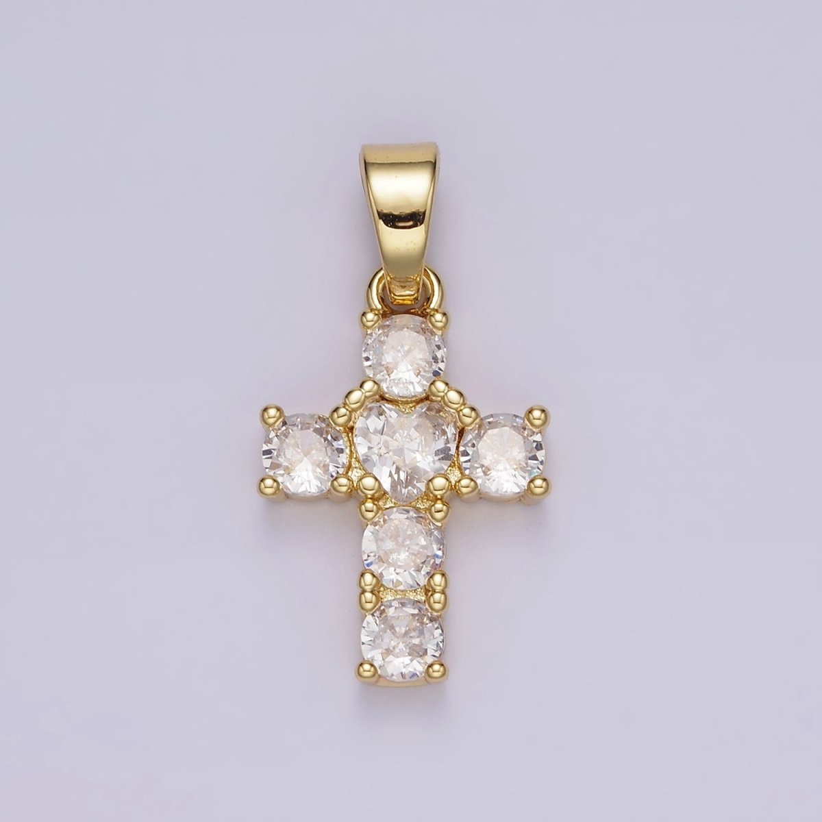 14K Gold Filled Clear CZ Square Lined 27mm Beaded Cross Pendant | N1286 - DLUXCA