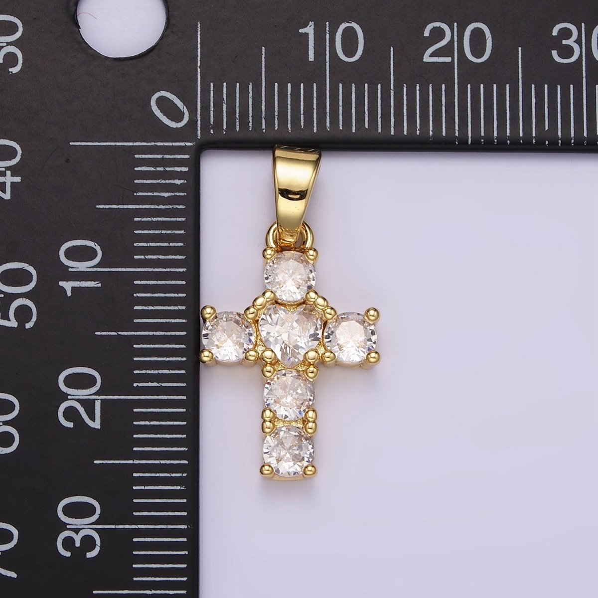 14K Gold Filled Clear CZ Square Lined 27mm Beaded Cross Pendant | N1286 - DLUXCA