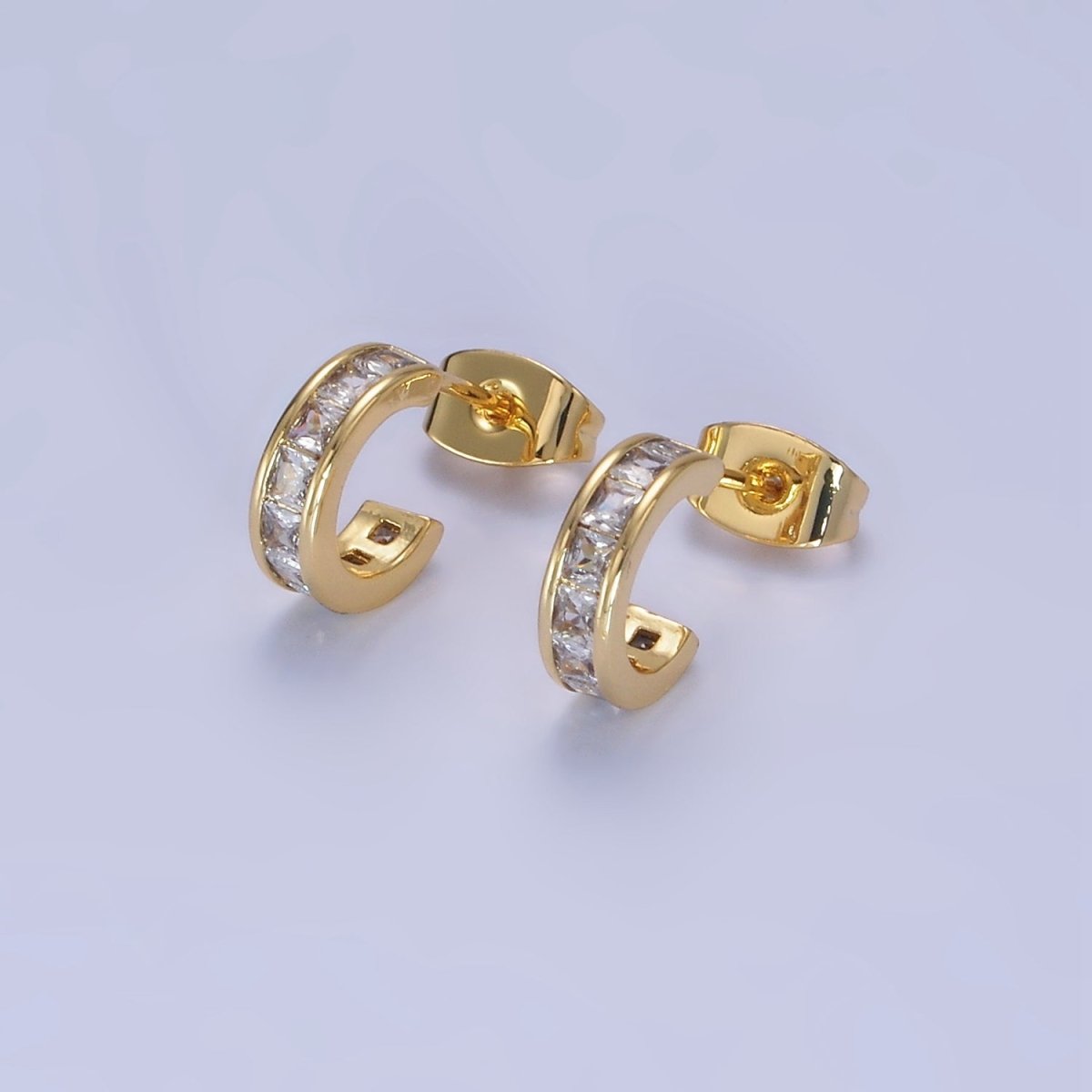14K Gold Filled Clear CZ Square Lined Cartilage C-Shaped Hoop Earrings | AB1262 - DLUXCA