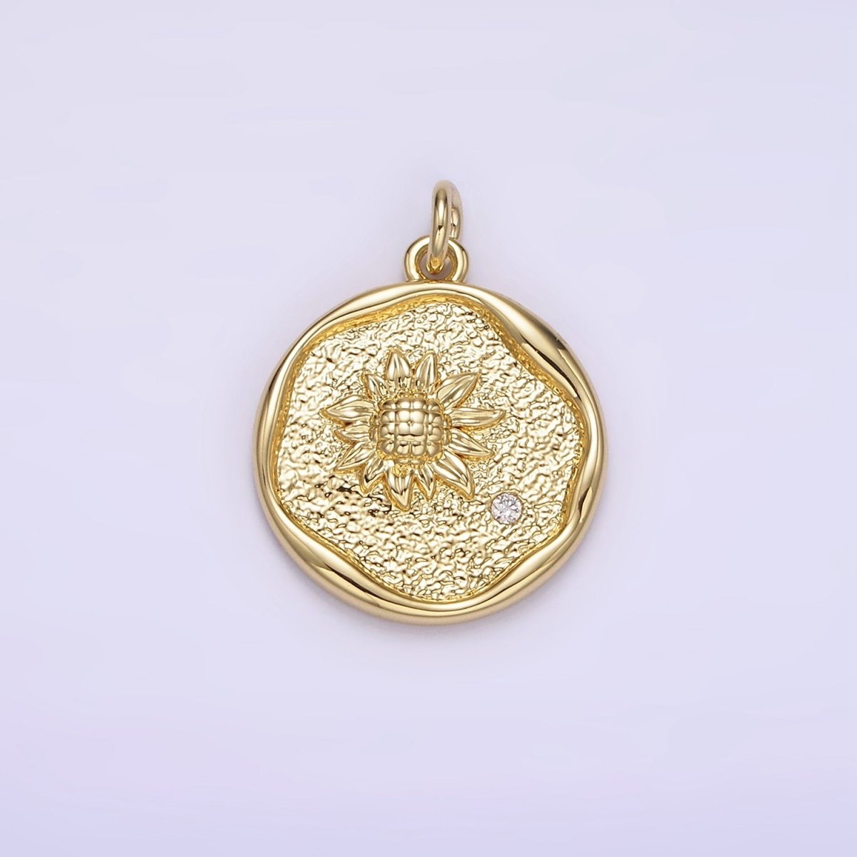 14K Gold Filled Clear CZ Sunflower Hammered Stamped Round Charm | AG261 - DLUXCA