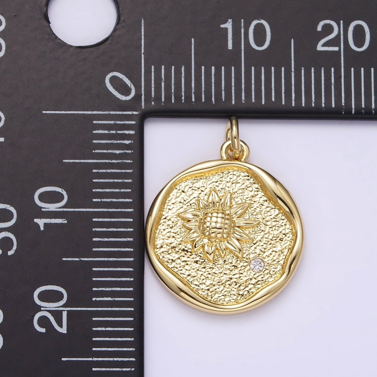 14K Gold Filled Clear CZ Sunflower Hammered Stamped Round Charm | AG261 - DLUXCA