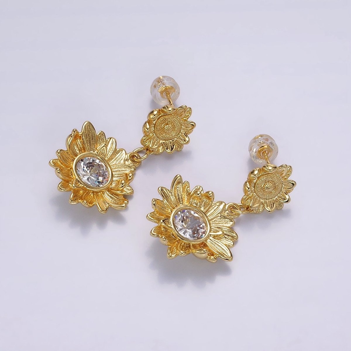 14K Gold Filled Clear CZ Sunflower Nature Drop Stud Earrings in Gold & Silver | AE976 AE977 - DLUXCA