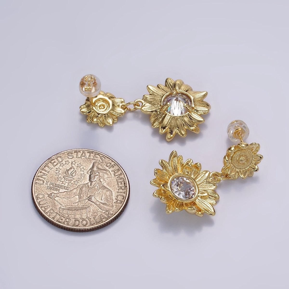 14K Gold Filled Clear CZ Sunflower Nature Drop Stud Earrings in Gold & Silver | AE976 AE977 - DLUXCA