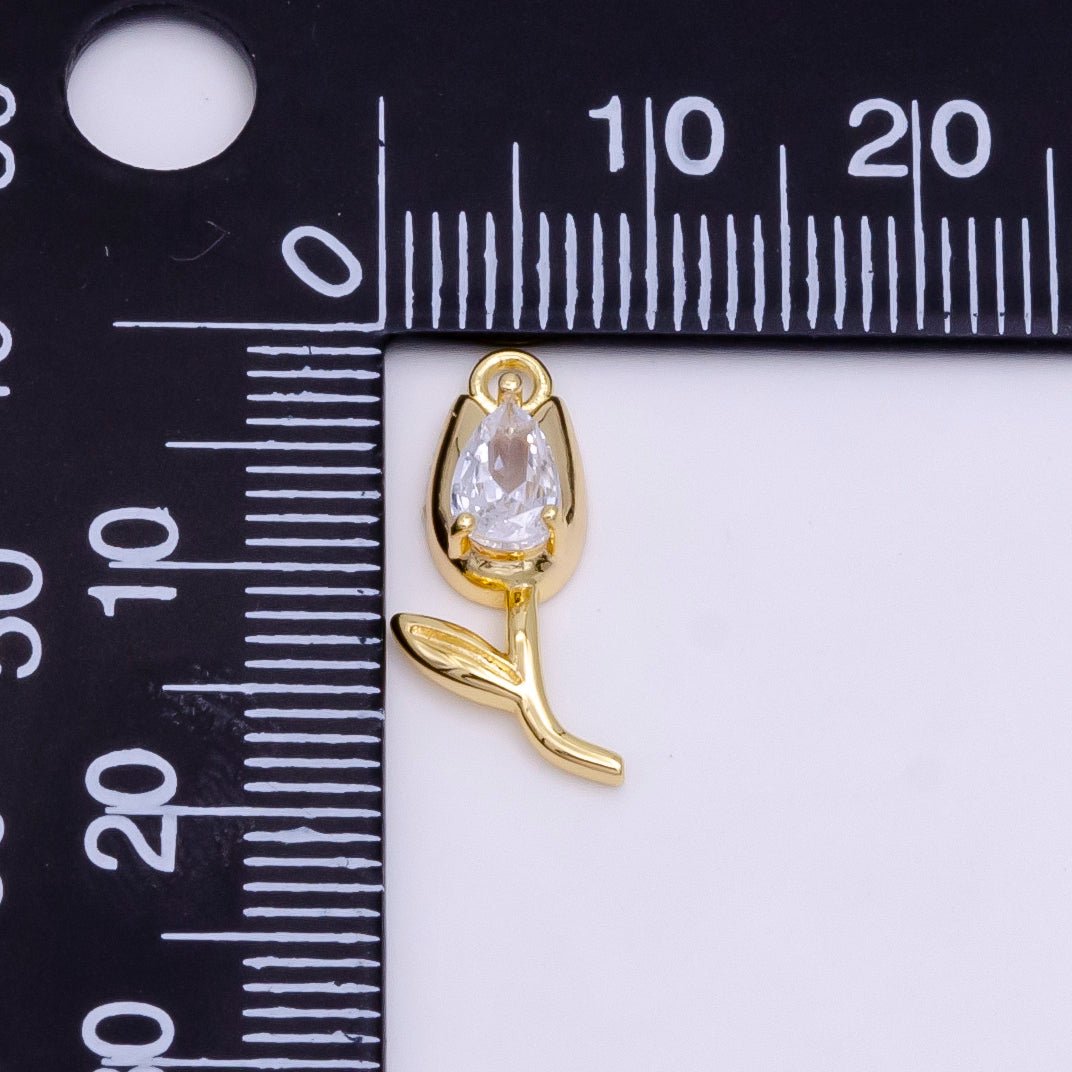 14K Gold Filled Clear CZ Teardrop Rose Flower Charm | W-471 - DLUXCA