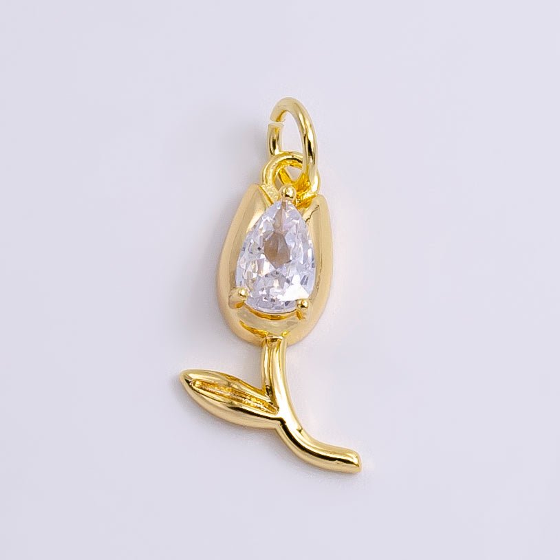 14K Gold Filled Clear CZ Teardrop Rose Flower Charm | W-471 - DLUXCA