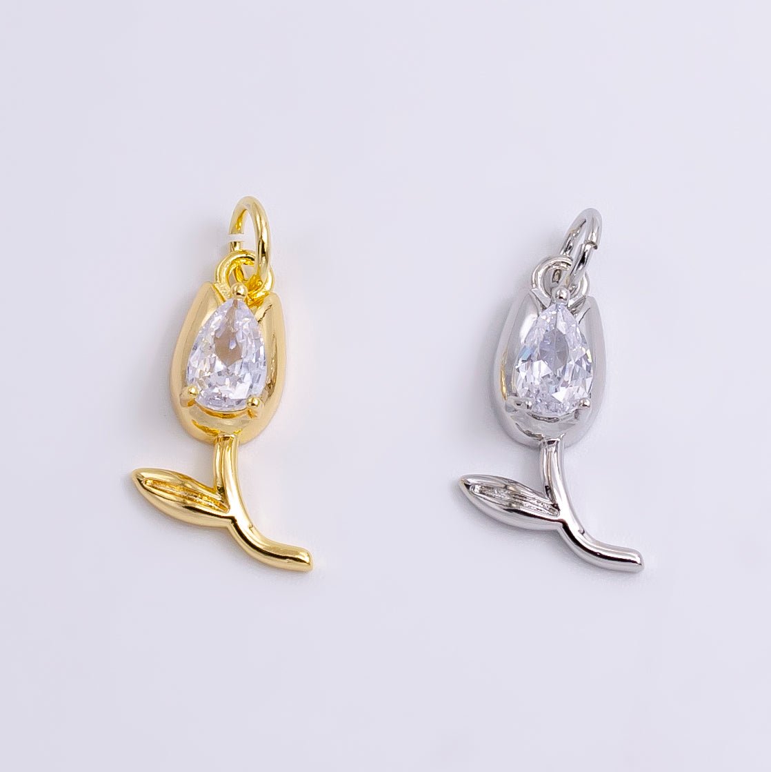 14K Gold Filled Clear CZ Teardrop Rose Flower Charm | W-471 - DLUXCA