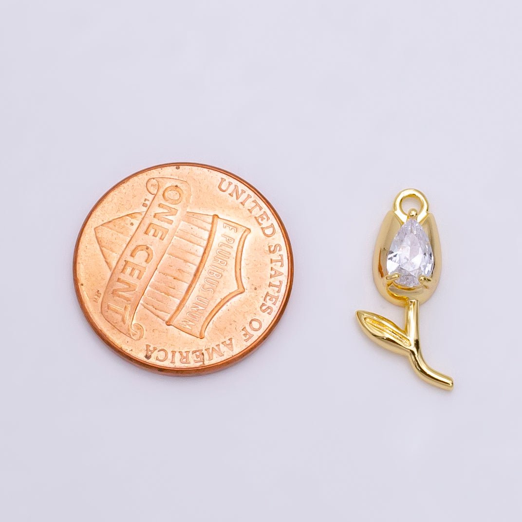 14K Gold Filled Clear CZ Teardrop Rose Flower Charm | W-471 - DLUXCA