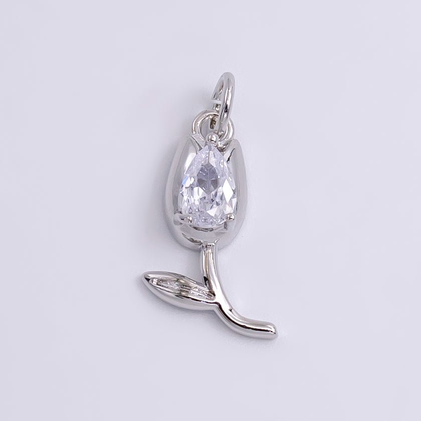 14K Gold Filled Clear CZ Teardrop Rose Flower Charm | W-471 - DLUXCA