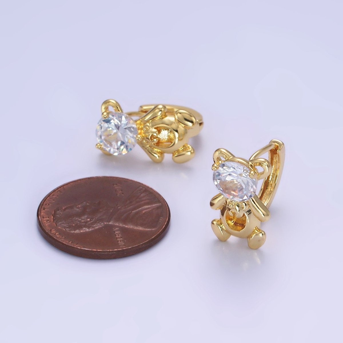 14K Gold Filled Clear CZ Teddy Bear Animal Huggie Earrings | AB1254 - DLUXCA