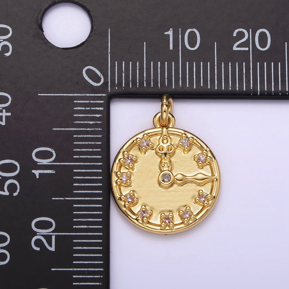 14K Gold Filled Clear CZ Time Clock Round Charm | AG264 - DLUXCA