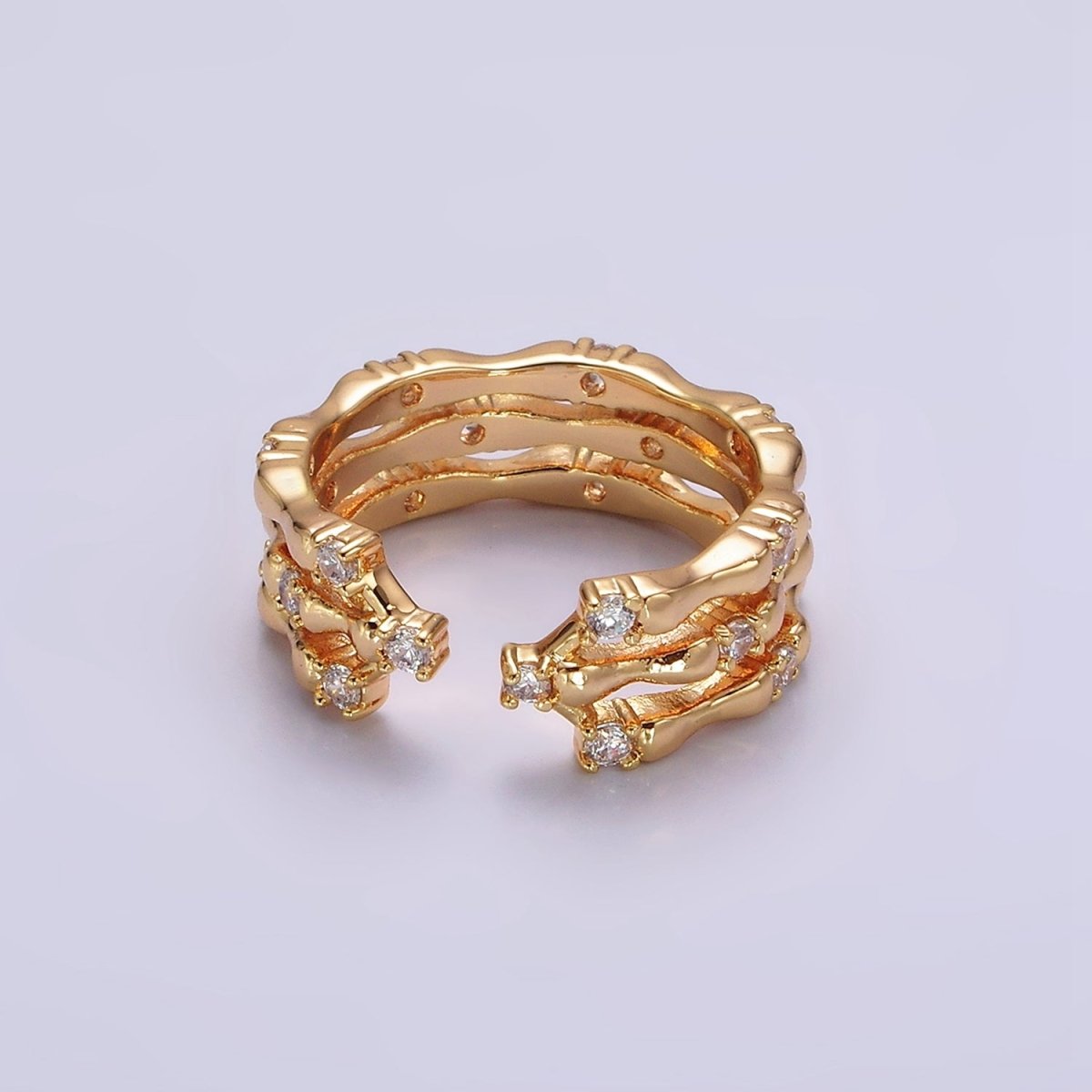 14K Gold Filled Clear CZ Triple Bamboo Band Ring | O1085 - DLUXCA