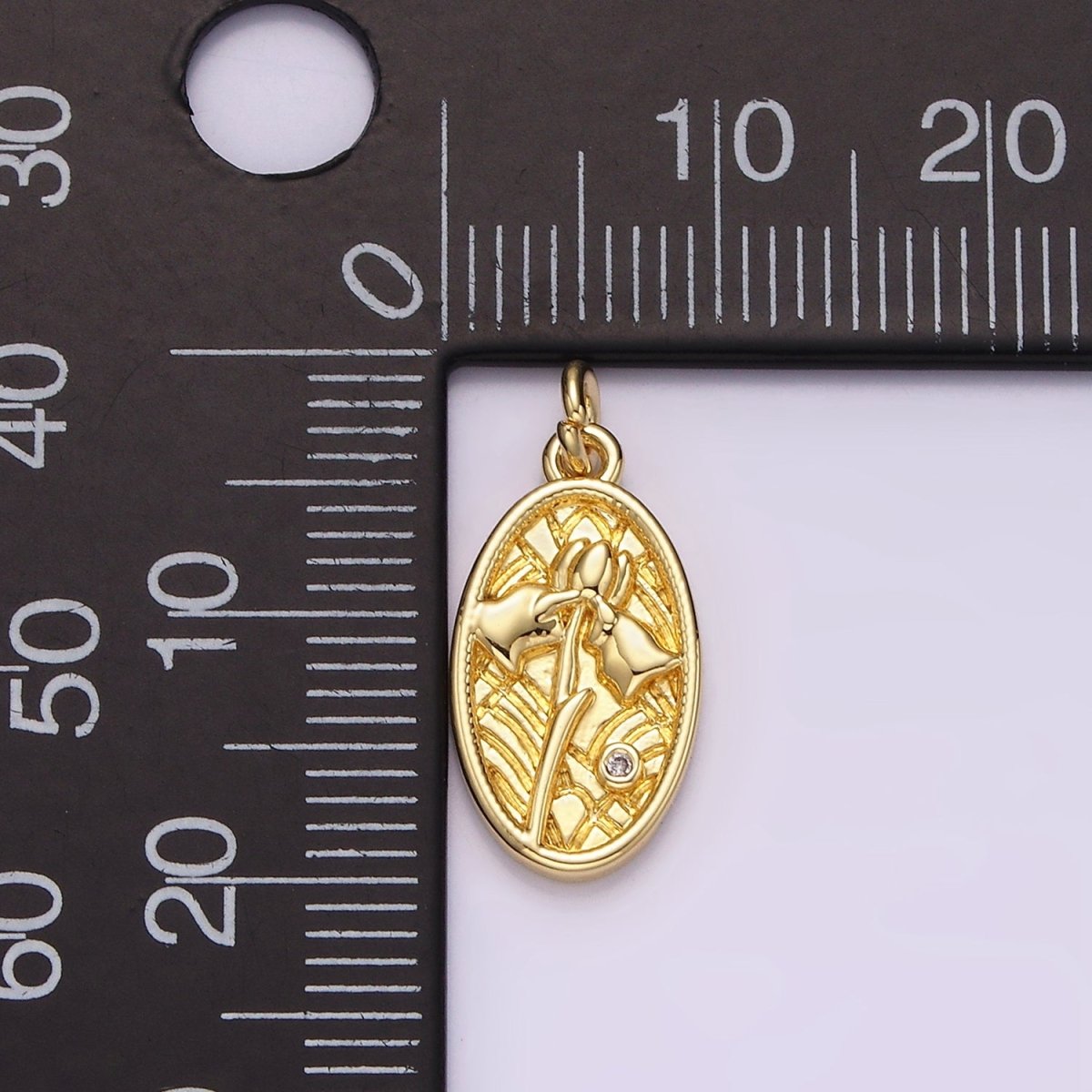 14K Gold Filled Clear CZ Triple Tulip Flower Textured Oval Charm | AC782 - DLUXCA