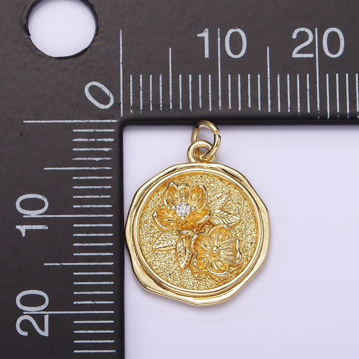 14K Gold Filled Clear CZ Water Lily Flower Hammered Wax Stamped Round Charm | AG252 - DLUXCA