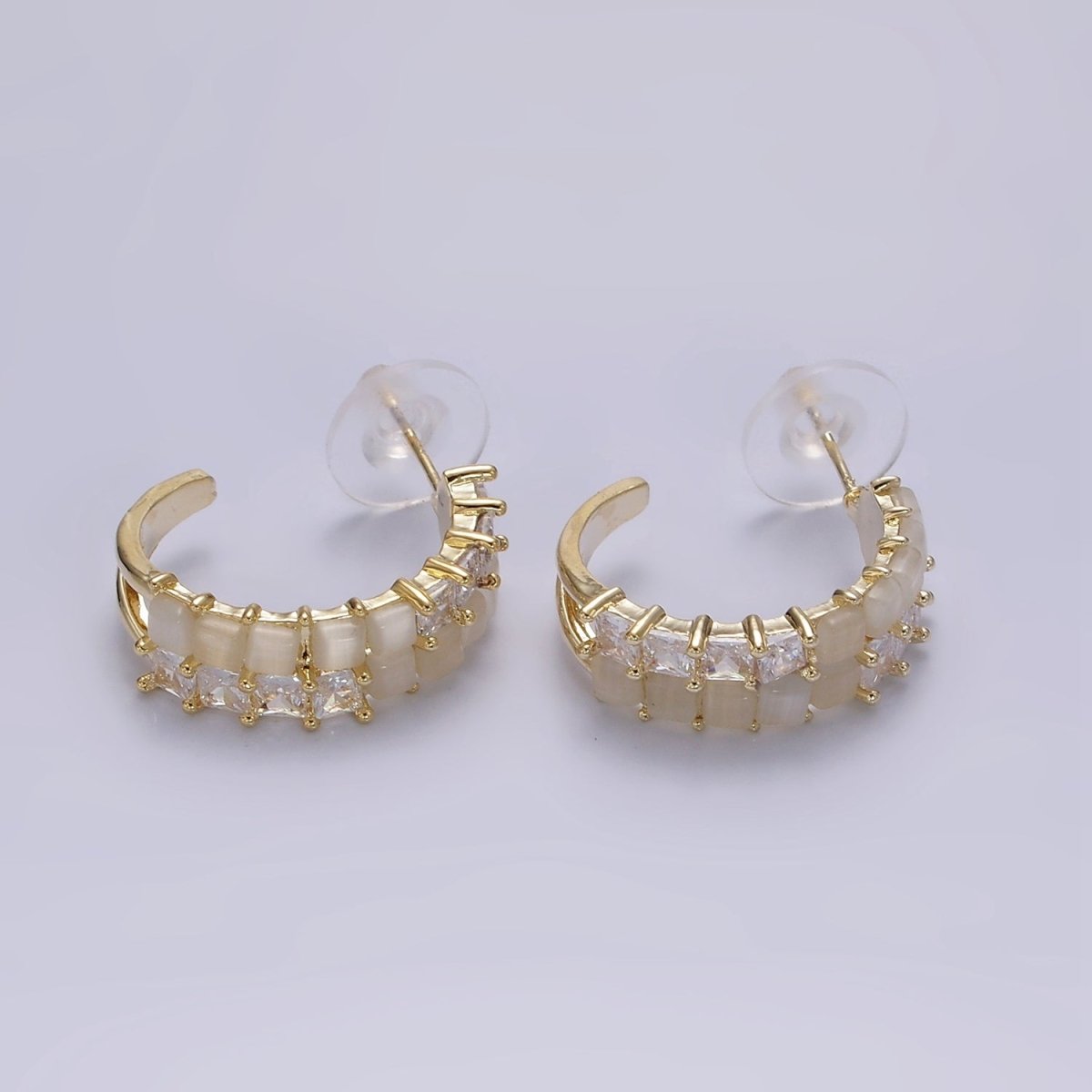 14K Gold Filled Clear CZ White Cat Eye Double Lined C-Shaped Hoop Earrings in Gold & Silver | AE307 AE308 - DLUXCA