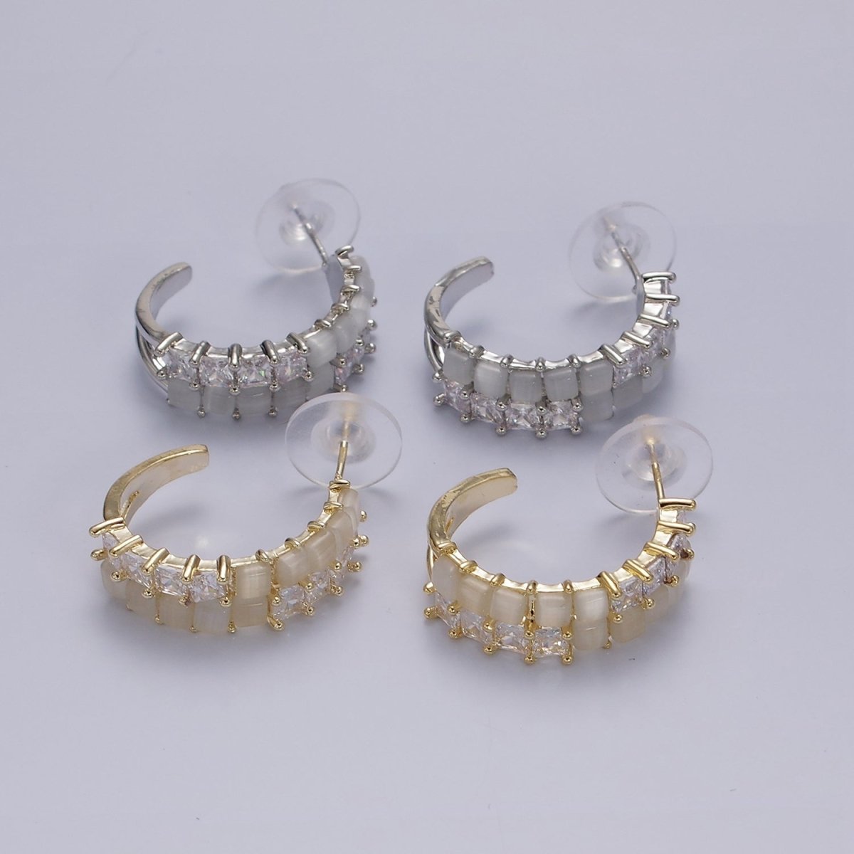 14K Gold Filled Clear CZ White Cat Eye Double Lined C-Shaped Hoop Earrings in Gold & Silver | AE307 AE308 - DLUXCA