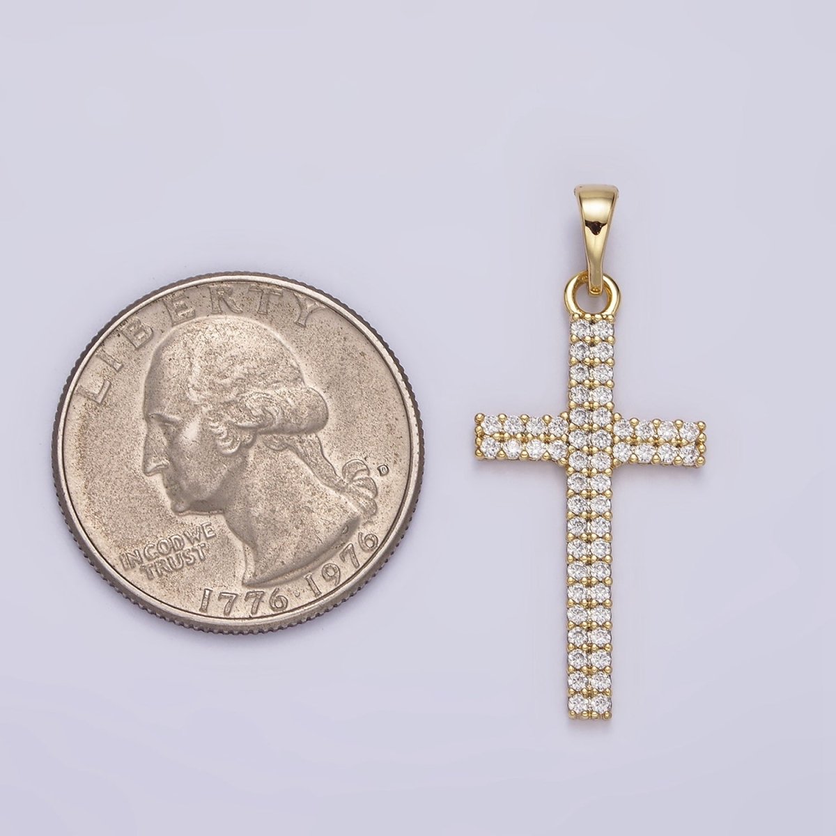 14K Gold Filled Clear Double Band CZ Micro Paved Religious Latin Cross like Friends | AA723 - DLUXCA