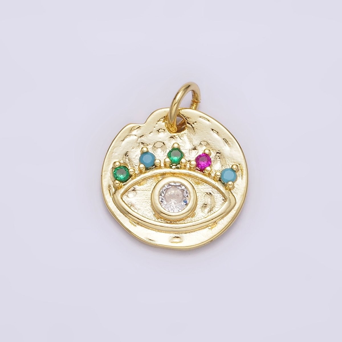 14K Gold Filled Clear Evil Eye Multicolor CZ Lash Hammered Round Charm | N991 - DLUXCA