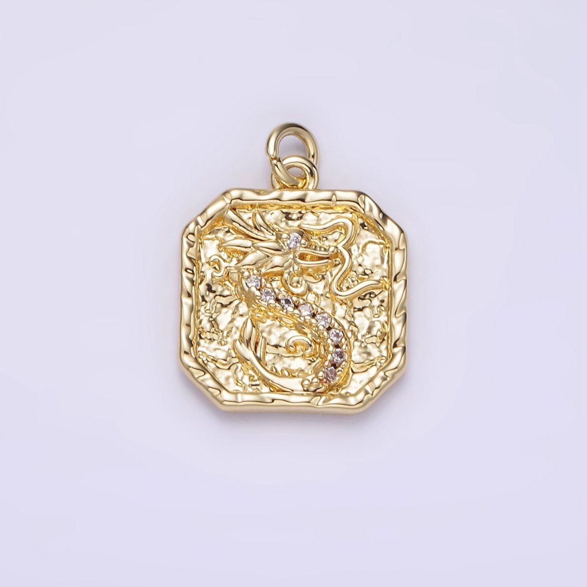 14K Gold Filled Clear-Eyed CZ Dragon Micro Paved Hammered Hexagonal Charm | AG281 - DLUXCA