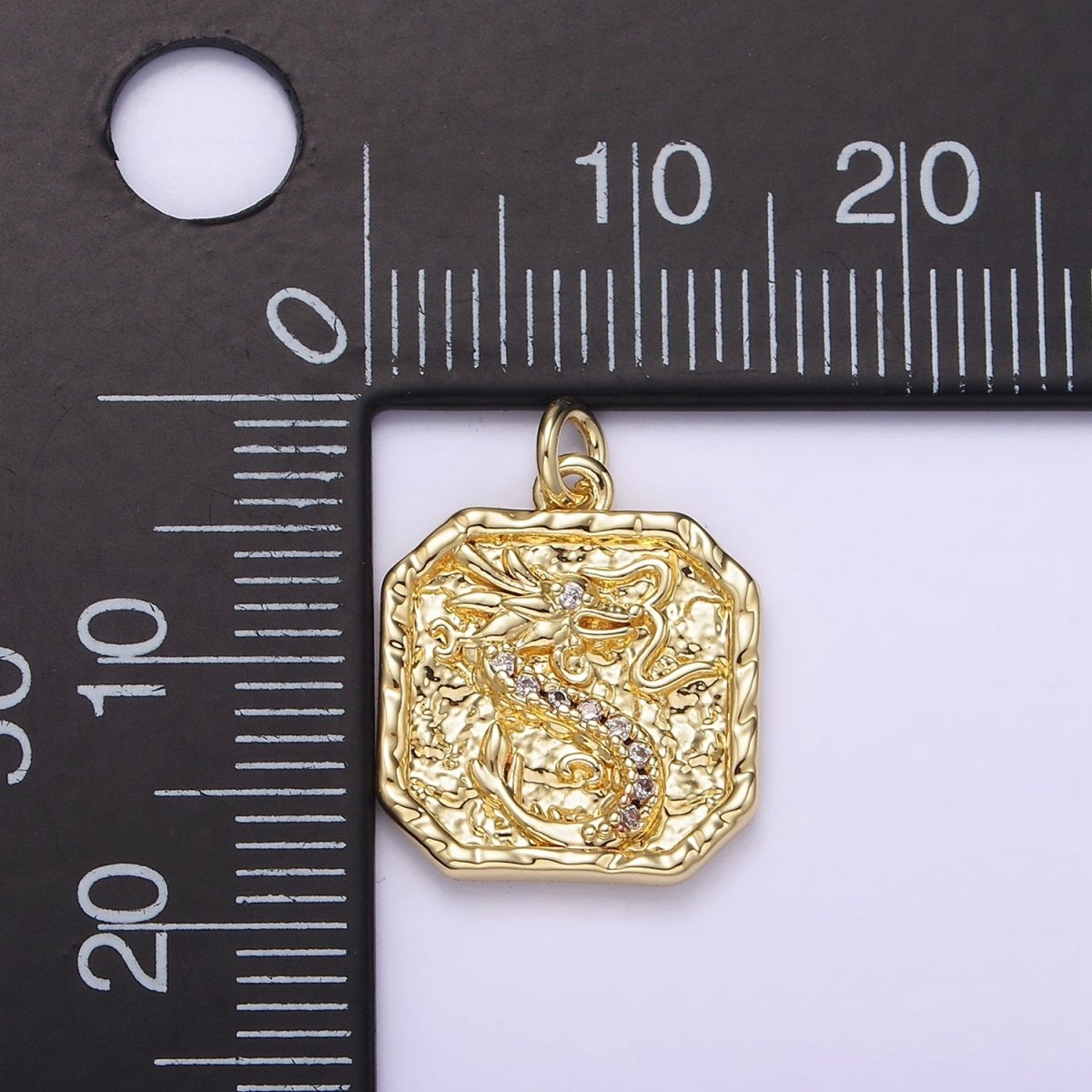 14K Gold Filled Clear-Eyed CZ Dragon Micro Paved Hammered Hexagonal Charm | AG281 - DLUXCA