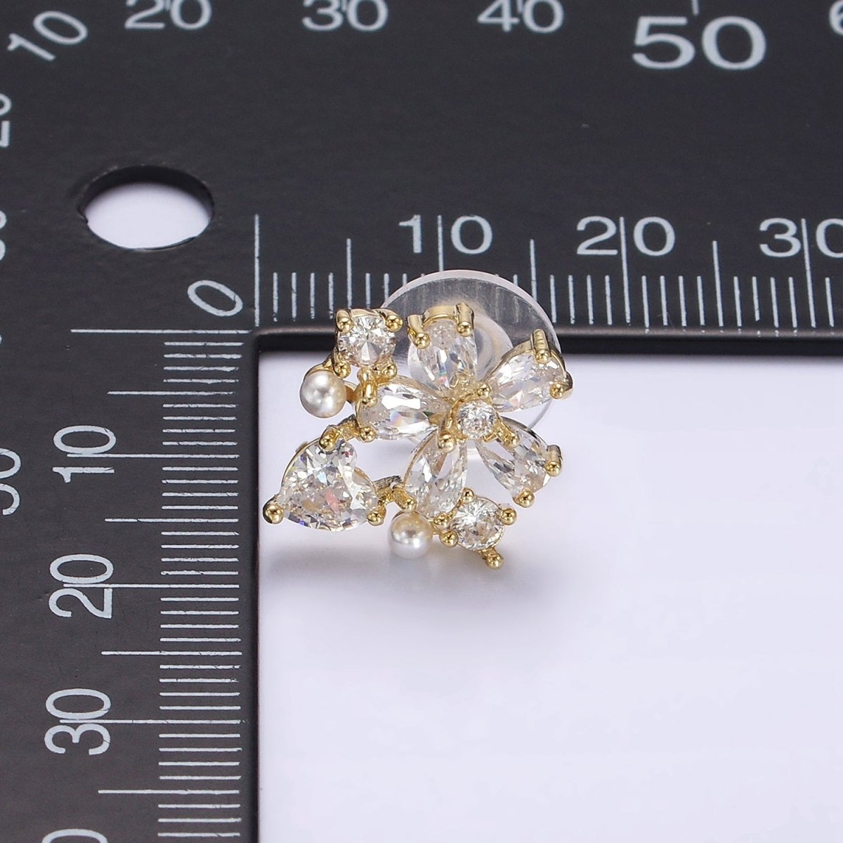 14K Gold Filled Clear Flower Heart Pearl Stud Earrings in Gold & Silver | V292 V293 - DLUXCA