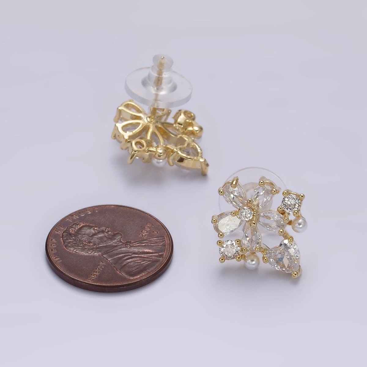 14K Gold Filled Clear Flower Heart Pearl Stud Earrings in Gold & Silver | V292 V293 - DLUXCA
