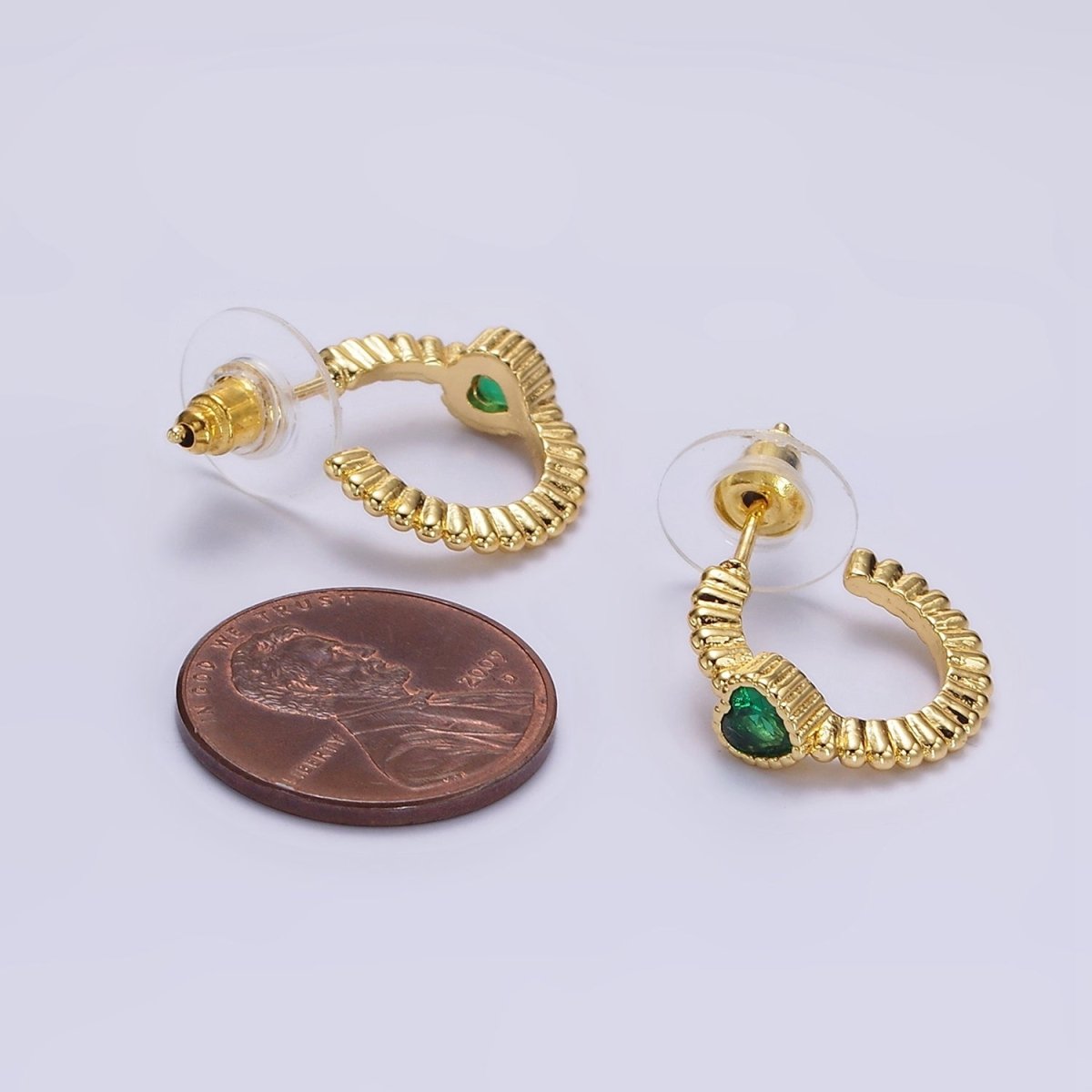 14K Gold Filled Clear, Fuchsia, Green Heart CZ Beaded 16mm C-Shaped Hoop Earrings | AE882 - AE884 - DLUXCA