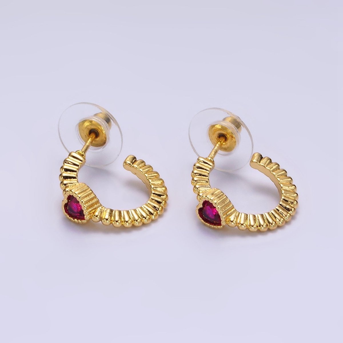 14K Gold Filled Clear, Fuchsia, Green Heart CZ Beaded 16mm C-Shaped Hoop Earrings | AE882 - AE884 - DLUXCA