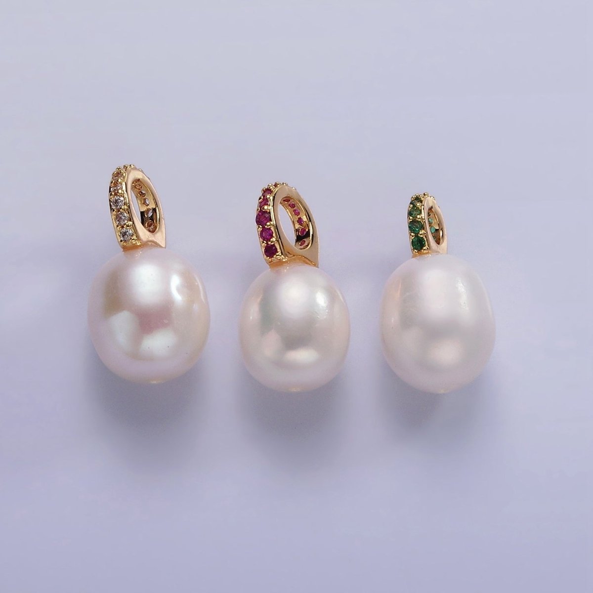 14K Gold Filled Clear, Fuchsia, Green Micro Paved Freshwater Pearl Drop Personalized Earring Charm | P1629 - P1631 - DLUXCA