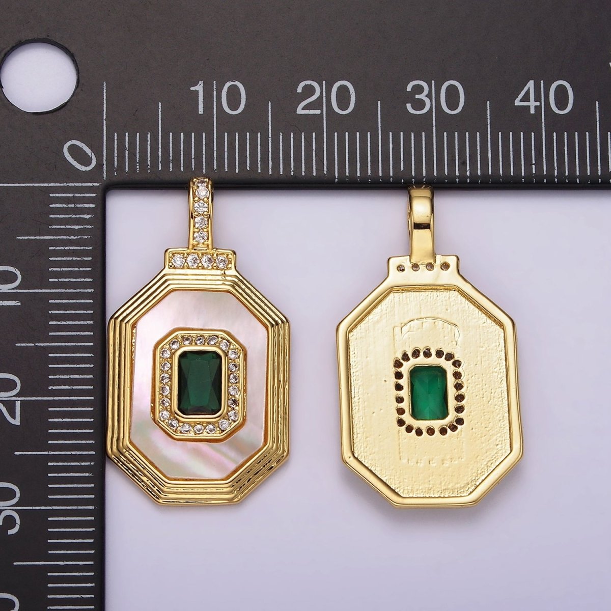 14K Gold Filled Clear, Green Baguette Shell Pearl Micro Paved CZ Bail Octagonal Pendant | AH031 AH032 - DLUXCA