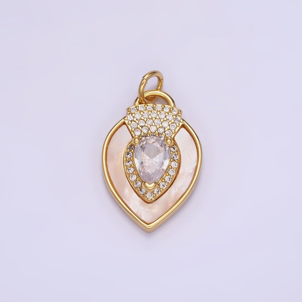 14K Gold Filled Clear, Green CZ Micro Paved Shell Pearl Teardrop Charm in Gold & Silver | W490 W491 - DLUXCA